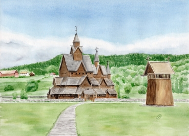 Postkarte DIN-A5 Aquarell Kunst Druck Kunstdruck Norwegen Norge Norway Kirche Stabkirche